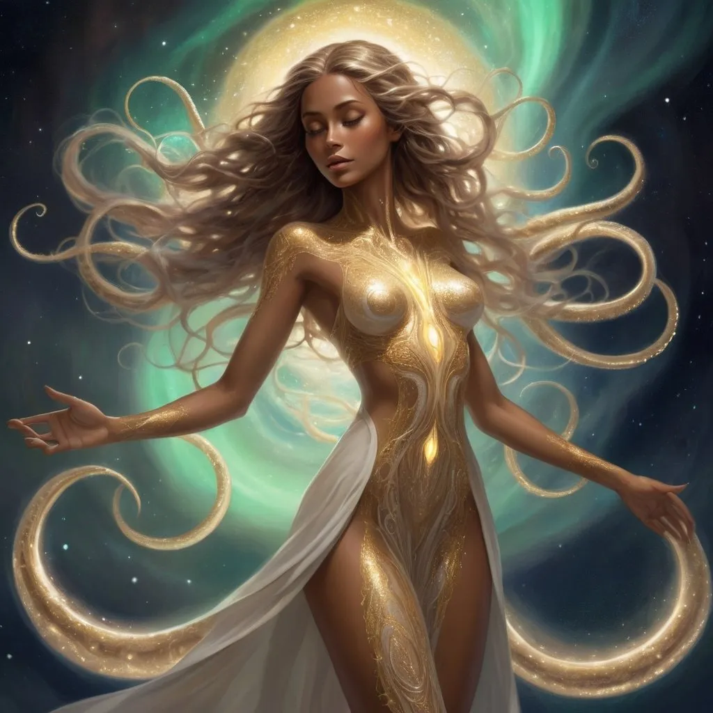 Prompt: a detailed depiction of a tan woman. Her skin radiating a soft, golden glow. Her form shifting and shimmering like the aurora borealis, yet she is an eldritch being, with tentacles and ever unknowable features, she has beauty and enigmatic allure, in space dancing, full body picture, Her skin shimmers with a awakening white light, and her eyes are like pools of liquid starlight, Her hair a cascade of shimmering silver and gold, flows and undulates as if imbued with a life of its own, each strand pure light. She wears flowing robes of shimmering white and gold, adorned with intricate patterns of celestial bodies. 