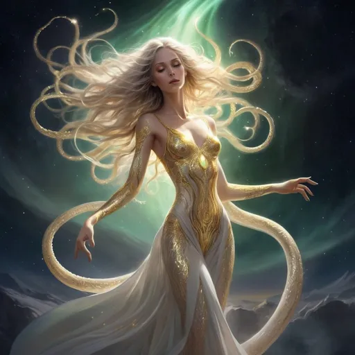 Prompt: a detailed depiction of a woman. Her skin radiating a soft, golden glow. Her form shifting and shimmering like the aurora borealis, yet she is an eldritch being, with tentacles and ever unknowable features, she has beauty and enigmatic allure, in space dancing, full body picture, Her skin shimmers with a awakening white light, and her eyes are like pools of liquid starlight, Her hair a cascade of shimmering silver and gold, flows and undulates as if imbued with a life of its own, each strand pure light. She wears flowing robes of shimmering white and gold, adorned with intricate patterns of celestial bodies. 