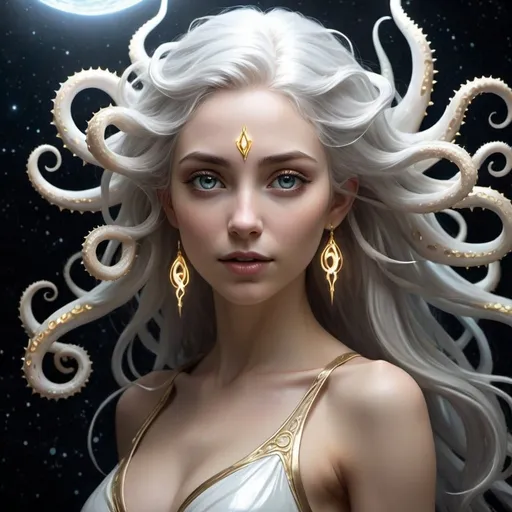 Prompt: Eloira, Titan of Light, Good, and Life, is a radiant being of enigmatic allure. Her laughter is like a chorus of wind chimes. Her form shifts between a humanoid shape wreathed in eldritch tendrils and a blinding radiance that illuminates the cosmos. Her skin shimmers like mother-of-pearl, and her eyes, pools of liquid starlight, hold a depth of wisdom and compassion. Her hair, a cascade of silver and gold, flows and undulates as if imbued with a life of its own. Eloira's features are delicate, yet her strength and resilience speak to her role as a guardian of life and goodness. Subtle hints of her eldritch nature manifest in the gentle glow of her skin, the otherworldly flash in her eyes, and the way her form shimmers and blurs, tons of tendrils and tentacles. Despite her unknowable power, Eloira's presence is overwhelmingly positive and reassuring. She is a beacon of hope and goodness in a universe often marked by darkness and despair, her radiant beauty a testament to the enduring power of life and light. full body, in space, big spiky mouth