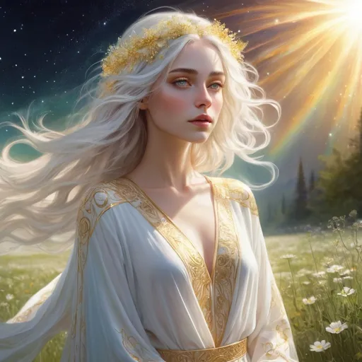 Prompt: a detailed depiction of a woman named Eloira. Eloira is a being of pure light, her form shifting and shimmering like the aurora borealis. Her features are delicate and ethereal, and her eyes shine with a wisdom that transcends mortal understanding. Her eyes shine with a warm, inviting light, and her hair cascades down like a waterfall of liquid sunlight. She wears flowing robes of shimmering white and gold, adorned with intricate patterns of celestial bodies and blooming flowers. Her presence is calming and reassuring, like standing in a sun-drenched meadow on a perfect spring day.