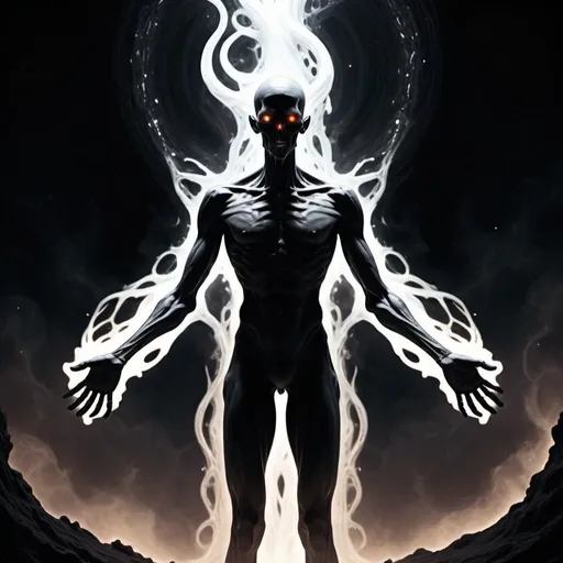 Prompt: a detailed description of a eldritch gooey god that often appears as an immense, shifting silhouette against the backdrop of the cosmos, his form a fathomless void that seems to draw in and consume all surrounding light. At times, he coalesces into a vaguely humanoid shape, towering and imposing, yet his features remain shrouded in shadow, save for the countless, ringed burning eyes that pierce the darkness like miniature black holes, consume all light that dares to approach, leaving only an unsettling emptiness in their wake. His physical form is not static but rather a constantly shifting mass of darkness, occasionally resolving into clawed hands, bones,  fanged maws, roaming long thin tendrils, and many long extended multi jointed arms, only to dissolve back into the amorphous void a moment later. full body. dark.
