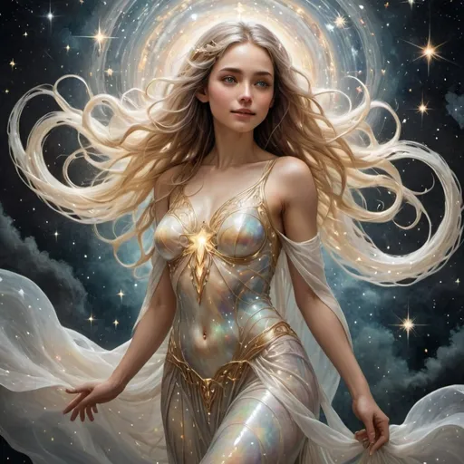Prompt: Eloira, the Titan of Light, Good, and Life, is a being of radiant beauty and enigmatic allure. Her physical form is a mesmerizing tapestry of celestial light and otherworldly grace, with subtle hints of an eldritch nature that inspires both awe and a touch of unease.

Her skin shimmers with an iridescent sheen, like polished mother-of-pearl, and her eyes, pools of liquid starlight, hold a depth of wisdom and compassion that seems to peer into the very essence of one's soul. Her hair, a cascade of shimmering silver and gold, flows and undulates as if imbued with a life of its own, each strand a shimmering thread of pure light.

Eloira's features are delicate and ethereal, yet there's an underlying strength and resilience that speaks to her role as a guardian of life and goodness. Her smile is warm and inviting, radiating a sense of peace and tranquility that soothes even the most troubled hearts.

Her attire is a flowing gown of celestial silk, woven with intricate patterns of stars and nebulae that shift and change like the night sky itself. The fabric seems to ripple and flow with an otherworldly energy, as if it were not mere cloth but a living extension of her being.

Subtle hints of her eldritch nature manifest in the gentle glow that emanates from her skin, a radiance that seems to intensify in moments of great joy or compassion. Her eyes, though filled with warmth and kindness, occasionally flash with an otherworldly light, hinting at the vast and unknowable power that lies within. And sometimes, when she moves, her form seems to blur and shimmer, as if she were not entirely bound by the laws of the physical realm.

Despite these subtle hints of otherworldly power, Eloira's presence is overwhelmingly positive and reassuring. She is a beacon of hope and goodness in a universe often marked by darkness and despair, her radiant beauty and enigmatic allure a testament to the enduring power of life and light.
