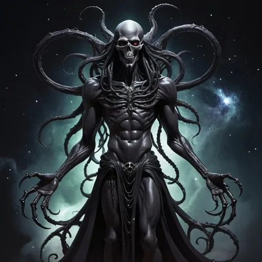 Prompt: black eldritch male god of death, evil, and darkness, lots tendrils, smile, in space. full body