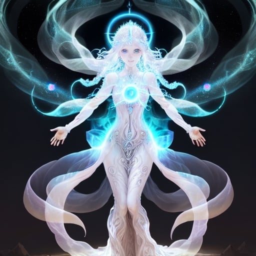 Prompt: white eldritch female god of hope, goodness, and light radiating holy light in space. should have multiple arms, a smile, tendrils covering her. is a being of pure light, her form shifting and shimmering like the aurora borealis. Her features are delicate and ethereal, and her eyes shine with a wisdom that transcends mortal understanding. full body picture