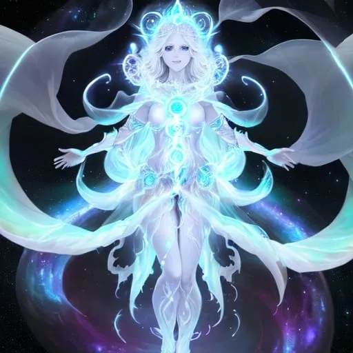 Prompt: white eldritch female god of hope, goodness, and light radiating holy light in space. a smile, tendrils covering her, her form shifting and shimmering like the aurora borealis. Her features are delicate and ethereal, and her eyes shine with a wisdom that transcends mortal understanding. full body picture