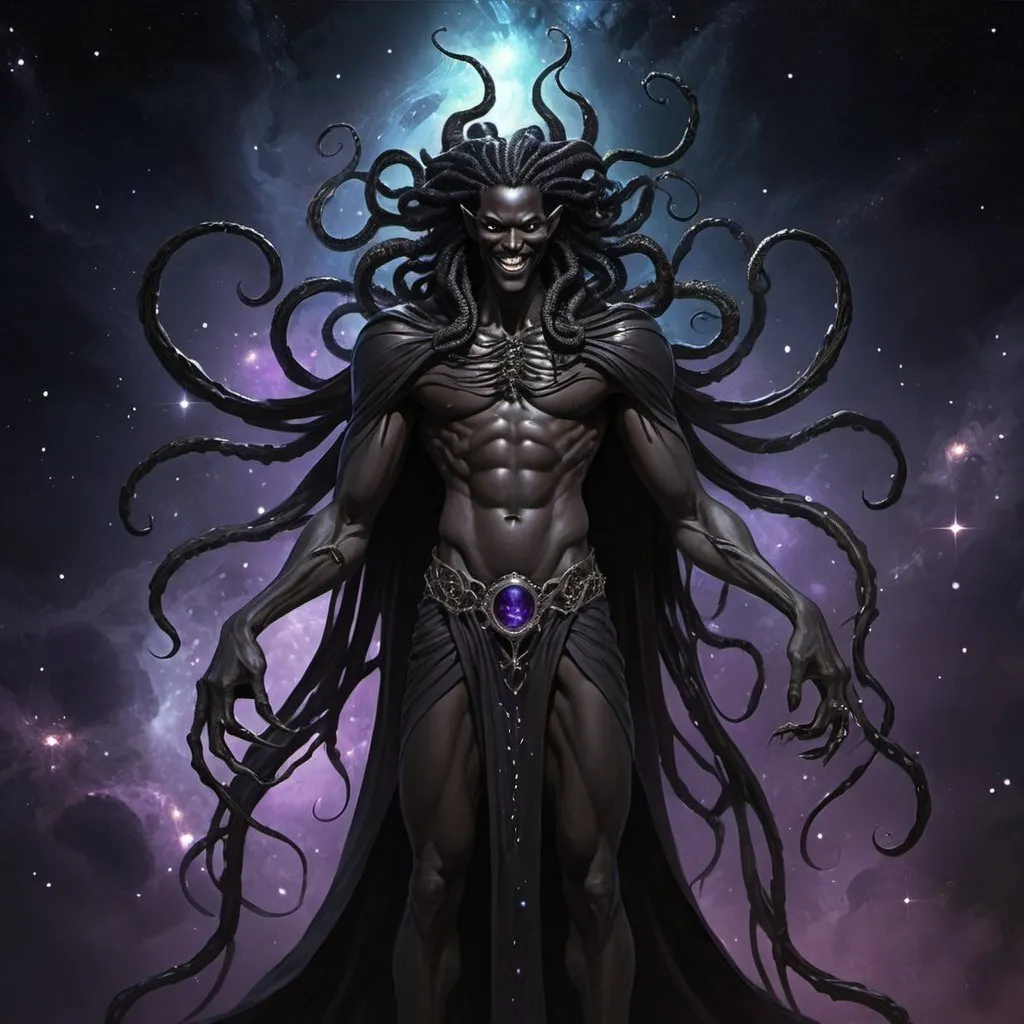 Prompt: black eldritch male god of evil, and darkness, lots tendrils, smile, in space. full body