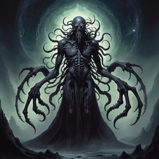 Prompt: a detailed description of a eldritch god named Keiran, the embodiment of darkness and oblivion, is an awe-inspiring and terrifying sight to behold. He often appears as an immense, shifting silhouette against the backdrop of the cosmos, his form a fathomless void that seems to draw in and consume all surrounding light. At times, he coalesces into a vaguely humanoid shape, towering and imposing, yet his features remain shrouded in shadow, save for the countless, burning eyes that pierce the darkness like malevolent stars. These eyes, akin to miniature black holes, consume all light that dares to approach, leaving only an unsettling emptiness in their wake.


His physical form is not static but rather a constantly shifting mass of darkness, occasionally resolving into clawed hands, bones,  fanged maws, roaming tendrils, and many long extended multi jointed arms, only to dissolve back into the amorphous void a moment later. This ever-changing eldritch horror nature reflects the chaotic and unpredictable forces of entropy and decay that Keiran embodies.
