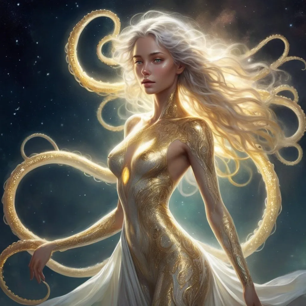 Prompt: a detailed depiction of a woman. Her skin radiating a soft, golden glow. Her form shifting and shimmering like the aurora borealis, yet she is an eldritch being, with tentacles and ever unknowable features, she has beauty and enigmatic allure, in space, full body picture, Her skin shimmers with a awakening white light, and her eyes are like pools of liquid starlight, Her hair a cascade of shimmering silver and gold, flows and undulates as if imbued with a life of its own, each strand pure light. She wears flowing robes of shimmering white and gold, adorned with intricate patterns of celestial bodies. 