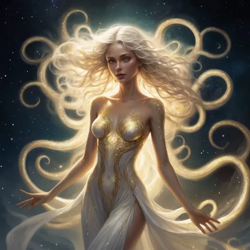 Prompt: a detailed depiction of a woman. Her skin radiating a soft, golden glow. Her form shifting and shimmering like the aurora borealis, yet she is an eldritch being, with tentacles and ever unknowable features, she has beauty and enigmatic allure, in space dancing, full body picture, Her skin shimmers with a awakening white light, and her eyes are like pools of liquid starlight, Her hair a cascade of shimmering silver and gold, flows and undulates as if imbued with a life of its own, each strand pure light. She wears flowing robes of shimmering white and gold, adorned with intricate patterns of celestial bodies. 
