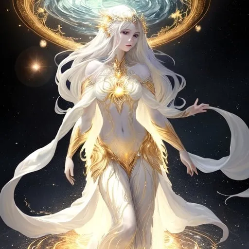 Prompt: Eloira, the Titan/God of Light, Good, and Life, is a being of radiant beauty and enigmatic allure, eldritch nature, in space, full body, Her skin shimmers with a awakening white light, and her eyes are like pools of liquid starlight, Her hair a cascade of shimmering silver and gold, flows and undulates as if imbued with a life of its own, each strand pure light. She wears flowing robes of shimmering white and gold, adorned with intricate patterns of celestial bodies. 