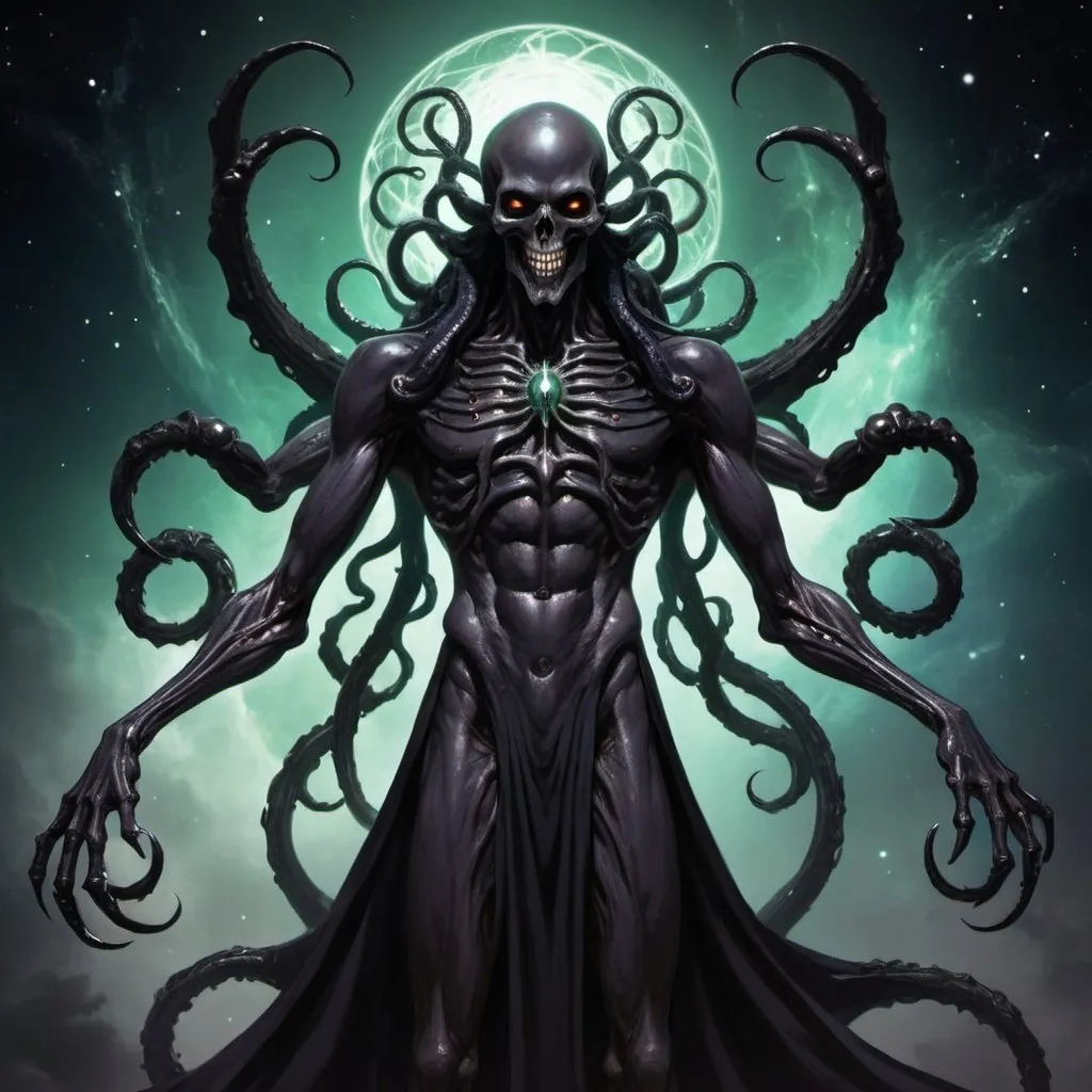 Prompt: black eldritch male god of death, evil, and darkness absorbing light in space, 4 arms, a smile, lots of tendrils spreading. full body picture