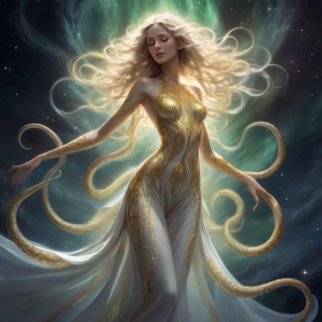 Prompt: a detailed depiction of a woman. Her skin radiating a soft, golden glow. Her form shifting and shimmering like the aurora borealis, yet she is an eldritch being, with tentacles and ever unknowable features, she has beauty and enigmatic allure, in space dancing, full body picture, Her skin shimmers with a awakening white light, and her eyes are like pools of liquid starlight, Her hair a cascade of shimmering silver and gold, flows and undulates as if imbued with a life of its own, each strand pure light. She wears flowing robes of shimmering white and gold, adorned with intricate patterns of celestial bodies. 