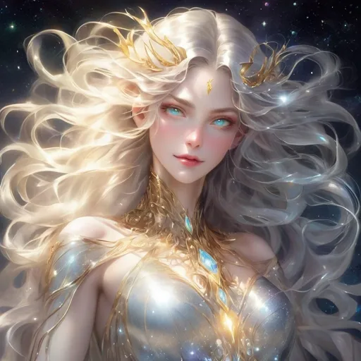 Prompt: Eloira, the Titan or god of Light, Good, and Life, is a being of radiant beauty and enigmatic allure, eldritch nature, in space, full body, Her skin shimmers with an iridescent sheen, and her eyes pools of liquid starlight, Her hair a cascade of shimmering silver and gold, flows and undulates as if imbued with a life of its own, each strand a shimmering thread of pure light.