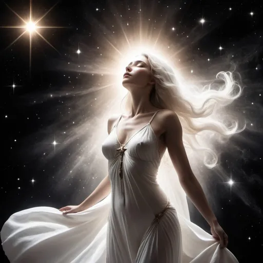 Prompt: a god, or titan, or cosmic being radiating holy light eternal goodness and a warm embraces. white light, white dress, white skin, black background, stars, one human looking up at the god