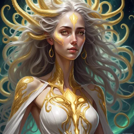 Prompt: <mymodel> a detailed depiction of Eloira, full body picture, an eldritch outer God/Titan of Light, Good, and Life, is a radiant being of enigmatic allure. Her laughter is like a chorus of wind chimes. Her form shifts between a humanoid shape wreathed in eldritch tendrils and a blinding radiance that illuminates the cosmos. Her skin shimmers like pearls, and her eyes, pools of liquid starlight, hold a depth of wisdom and compassion. Her hair, a cascade of silver and gold, flows and undulates as if imbued with a life of its own. Eloira's features are delicate, yet her strength and resilience speak to her role as a guardian of life and goodness.
