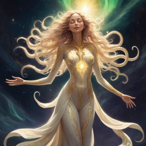 Prompt: a detailed depiction of a woman, full body, in space, happy, eldritch, godly, warm. Her skin radiating a soft, golden glow. Her form shifting and shimmering like the aurora borealis. Yet she is an eldritch being, tentacles and ever unknowable feature. Her features are delicate and ethereal, and her eyes shine with a wisdom that transcends mortal understanding. Her eyes shine with a warm, inviting light, and her hair cascades down like a waterfall of liquid sunlight. She wears flowing robes of shimmering white and gold, adorned with intricate patterns of celestial bodies and blooming flowers. Her presence is calming and reassuring, like standing in a sun-drenched meadow on a perfect spring day.