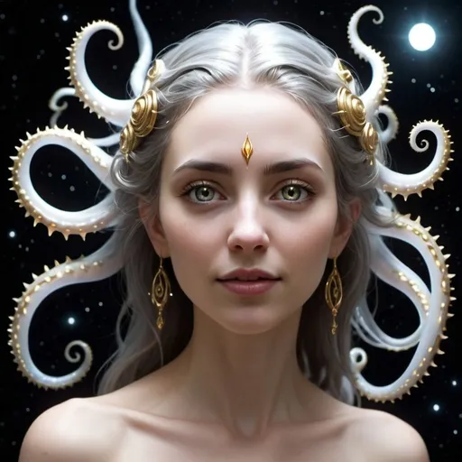 Prompt: Eloira, God of Light, Good, and Life, is a radiant being of enigmatic allure. Her laughter is like a chorus of wind chimes. Her form shifts between a humanoid shape wreathed in eldritch tendrils and a blinding radiance that illuminates the cosmos. Her skin shimmers like mother-of-pearl, and her eyes, pools of liquid starlight, hold a depth of wisdom and compassion. Her hair, a cascade of silver and gold, flows and undulates as if imbued with a life of its own. Eloira's features are delicate, yet her strength and resilience speak to her role as a guardian of life and goodness. Subtle hints of her eldritch nature manifest in the gentle glow of her skin, the otherworldly flash in her eyes, and the way her form shimmers and blurs, tons of tendrils and tentacles. Despite her unknowable power, Eloira's presence is overwhelmingly positive and reassuring. She is a beacon of hope and goodness in a universe often marked by darkness and despair, her radiant beauty a testament to the enduring power of life and light. full body, in space, big spiky mouth