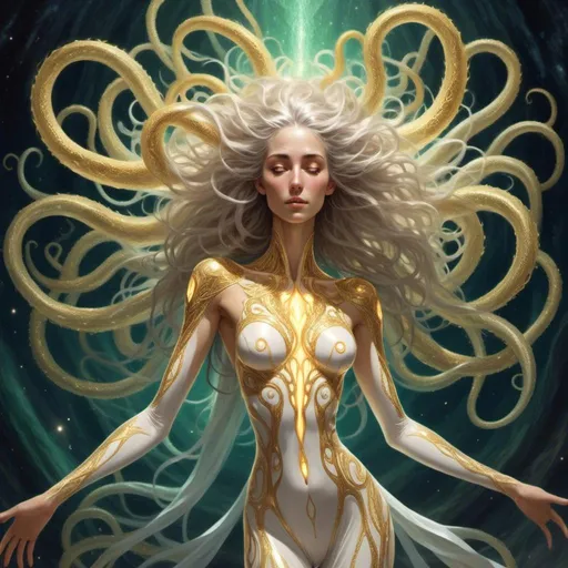 Prompt: <mymodel> a detailed depiction of Eloira, full body, an eldritch outer God/Titan of Light, Good, and Life, is a radiant being of enigmatic allure. Her laughter is like a chorus of wind chimes. Her form shifts between a humanoid shape wreathed in eldritch tendrils and a blinding radiance that illuminates the cosmos. Her skin shimmers like pearls, and her eyes, pools of liquid starlight, hold a depth of wisdom and compassion. Her hair, a cascade of silver and gold, flows and undulates as if imbued with a life of its own. Eloira's features are delicate, yet her strength and resilience speak to her role as a guardian of life and goodness. Subtle hints of her eldritch nature manifest in the color of her skin, milky white, the otherworldly flash in her eyes, and the way her form shimmers and blurs, tons of tendrils and tentacles. Despite her unknowable power, Eloira's presence is overwhelmingly positive and reassuring. She is a beacon of hope and goodness in a universe often marked by darkness and despair, her radiant beauty a testament to the enduring power of life and light.
