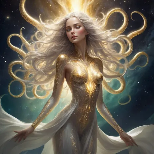 Prompt: a detailed depiction of a woman. Her skin radiating a soft, golden glow. Her form shifting and shimmering like the aurora borealis, yet she is an eldritch being, with tentacles and ever unknowable features, she has beauty and enigmatic allure, in space, full body picture, Her skin shimmers with a awakening white light, and her eyes are like pools of liquid starlight, Her hair a cascade of shimmering silver and gold, flows and undulates as if imbued with a life of its own, each strand pure light. She wears flowing robes of shimmering white and gold, adorned with intricate patterns of celestial bodies. 