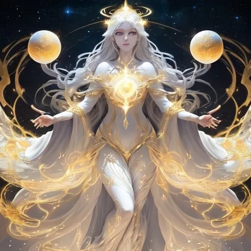 Prompt: Eloira, the Titan/God of Light, Good, and Life, is a being of radiant beauty and enigmatic allure, eldritch nature, in space, full body picture, Her skin shimmers with a awakening white light, and her eyes are like pools of liquid starlight, Her hair a cascade of shimmering silver and gold, flows and undulates as if imbued with a life of its own, each strand pure light. She wears flowing robes of shimmering white and gold, adorned with intricate patterns of celestial bodies. 