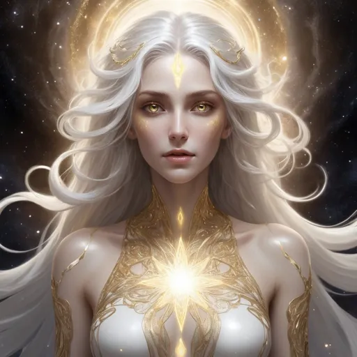 Prompt: Eloira, the Titan/God of Light, Good, and Life, is a being of radiant beauty and enigmatic allure, eldritch nature, in space, full body picture, Her skin shimmers with a awakening white light, and her eyes are like pools of liquid starlight, Her hair a cascade of shimmering silver and gold, flows and undulates as if imbued with a life of its own, each strand pure light. She wears flowing robes of shimmering white and gold, adorned with intricate patterns of celestial bodies. 