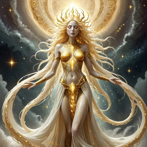 Prompt: Eloira, the Titan/God of Light, Good, and Life, is a being of radiant beauty and enigmatic allure, eldritch nature, in space, full body, Her skin shimmers with an iridescent sheen, and her eyes pools of liquid starlight, Her hair a cascade of shimmering silver and gold, flows and undulates as if imbued with a life of its own, each strand pure light. She wears flowing robes of shimmering white and gold, adorned with intricate patterns of celestial bodies
shklyrfbgghkjhvyuif