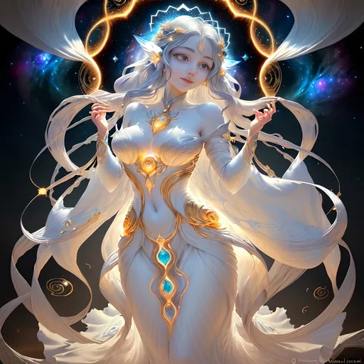 Prompt: Eloira, Titan of Light, Good, and Life: Eloira is a radiant being, her form shifting between a humanoid shape wreathed in eldritch tendrils and a blinding radiance that illuminates the cosmos. Her laughter is like a chorus of wind chimes, and her touch brings forth blooming life from barren ground. However, her eyes hold a cosmic vastness, and those who gaze too long feel a sense of vertigo as they glimpse the endless cycle of creation and destruction she embodies.

Eloira, the Titan of Light, Good, and Life, is a being of radiant beauty and enigmatic allure. Her physical form is a mesmerizing tapestry of celestial light and otherworldly grace, with subtle hints of an eldritch nature that inspires both awe and a touch of unease.

Her skin shimmers with an iridescent sheen, like polished mother-of-pearl, and her eyes, pools of liquid starlight, hold a depth of wisdom and compassion that seems to peer into the very essence of one's soul. Her hair, a cascade of shimmering silver and gold, flows and undulates as if imbued with a life of its own, each strand a shimmering thread of pure light.

Eloira's features are delicate and ethereal, yet there's an underlying strength and resilience that speaks to her role as a guardian of life and goodness. Her smile is warm and inviting, radiating a sense of peace and tranquility that soothes even the most troubled hearts.

Her attire is a flowing gown of celestial silk, woven with intricate patterns of stars and nebulae that shift and change like the night sky itself. The fabric seems to ripple and flow with an otherworldly energy, as if it were not mere cloth but a living extension of her being.
