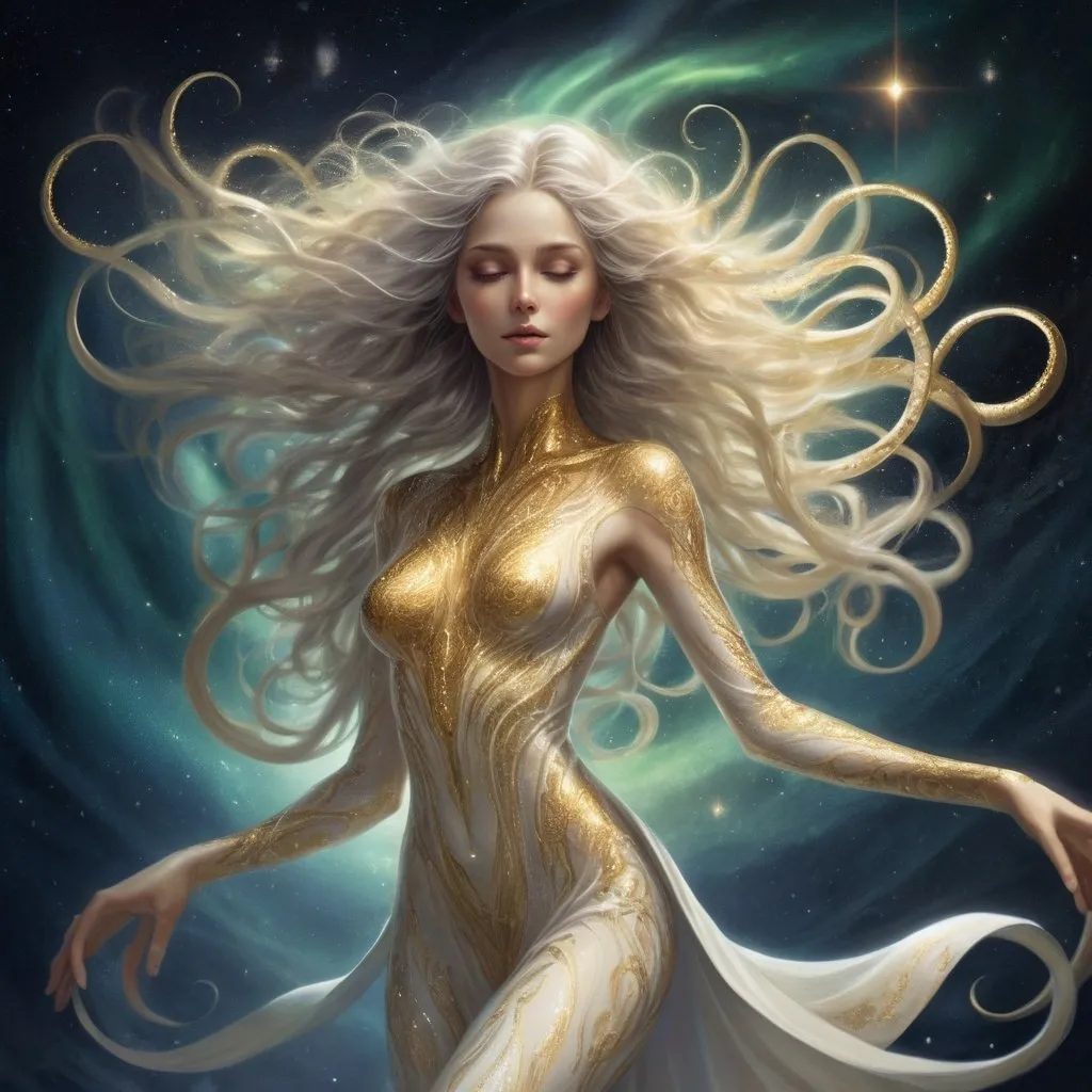 Prompt: a detailed depiction of a woman. Her skin radiating a soft, golden glow. Her form shifting and shimmering like the aurora borealis, yet she is an eldritch being, with tentacles and ever unknowable features, she has beauty and enigmatic allure, in space dancing, full body picture, Her skin shimmers with a awakening white light, and her eyes are like pools of liquid starlight, Her hair a cascade of shimmering silver and gold, flows and undulates as if imbued with a life of its own, each strand pure light. She wears flowing robes of shimmering white and gold, adorned with intricate patterns of celestial bodies. 