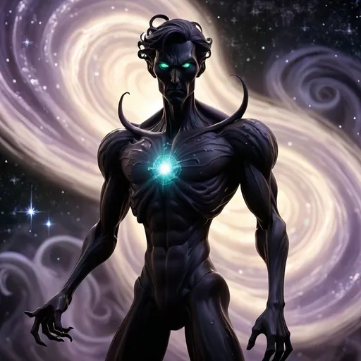 Prompt: Eldritch Titan appears as a silhouette against a backdrop of swirling stars, his form composed of the deepest shadows, occasionally revealing glimpses of a humanoid figure within. His eyes gleam with an unholy light, like distant stars in a void, and his presence exudes an oppressive, chilling aura.