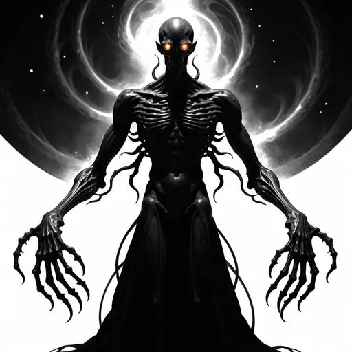 Prompt: a full body detailed description of a eldritch god that often appears as an immense, shifting silhouette against the backdrop of the cosmos, his form a fathomless void that seems to draw in and consume all surrounding light. At times, he coalesces into a vaguely humanoid shape, towering and imposing, yet his features remain shrouded in shadow, save for the countless, ringed burning eyes that pierce the darkness like miniature black holes, consume all light that dares to approach, leaving only an unsettling emptiness in their wake. His physical form is not static but rather a constantly shifting mass of darkness, occasionally resolving into clawed hands, bones,  fanged maws, roaming tendrils, and many long extended multi jointed arms, only to dissolve back into the amorphous void a moment later. more eldritch
