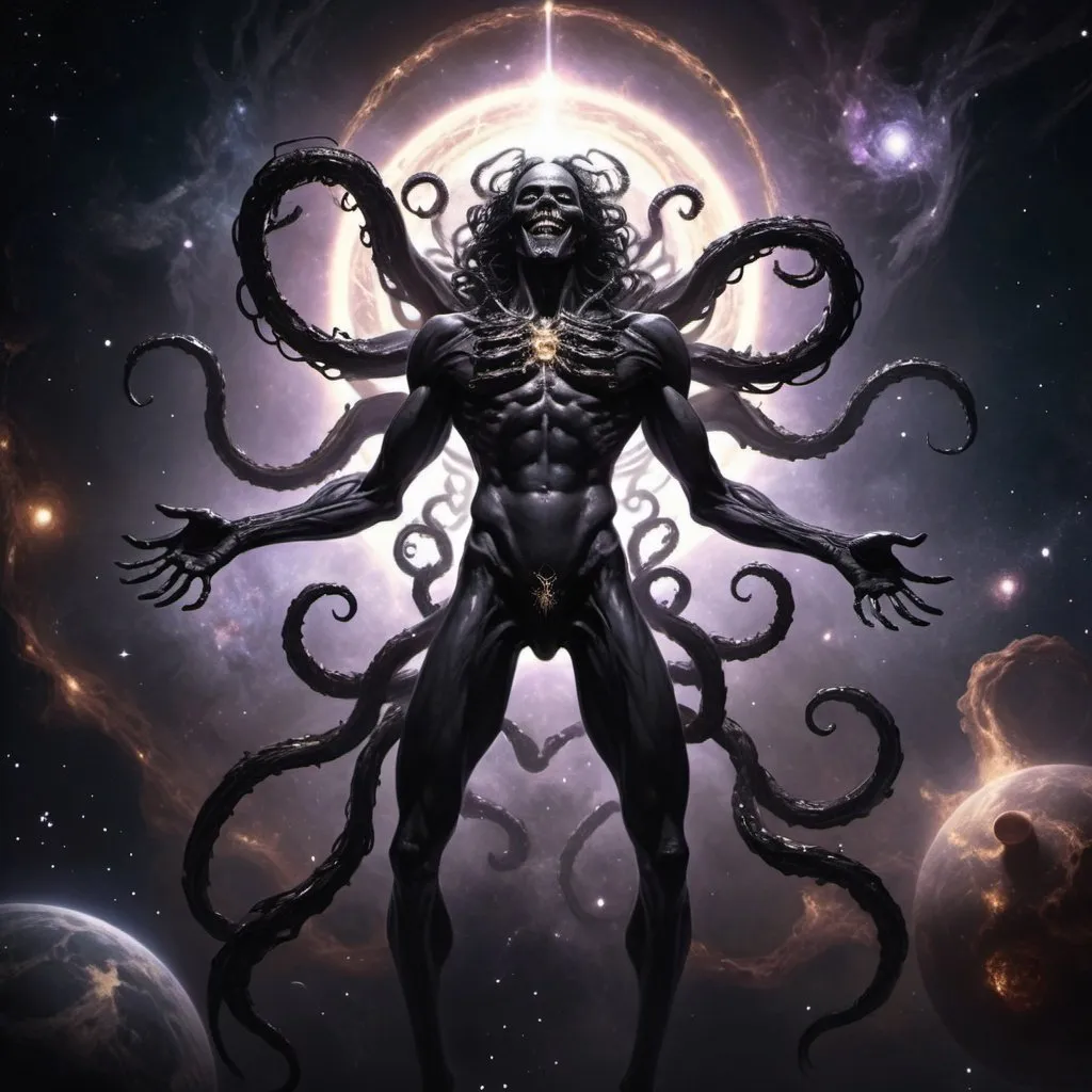 Prompt: black eldritch male god of death, evil, and darkness absorbing light in space, 4 arms, a smile, lots of tendrils spreading. full body picture, dark, black hole eating a universe in background