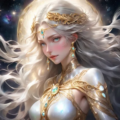 Prompt: Eloira, the Titan of Light, Good, and Life, is a being of radiant beauty and enigmatic allure, eldritch nature, in space, full body

Her skin shimmers with an iridescent sheen, like polished mother-of-pearl, and her eyes, pools of liquid starlight, hold a depth of wisdom and compassion that seems to peer into the very essence of one's soul. Her hair, a cascade of shimmering silver and gold, flows and undulates as if imbued with a life of its own, each strand a shimmering thread of pure light.