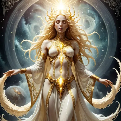 Prompt: Eloira, the Titan/God of Light, Good, and Life, is a being of radiant beauty and enigmatic allure, eldritch nature, in space, full body, Her skin shimmers with a awakening white light, and her eyes are like pools of liquid starlight, Her hair a cascade of shimmering silver and gold, flows and undulates as if imbued with a life of its own, each strand pure light. She wears flowing robes of shimmering white and gold, adorned with intricate patterns of celestial bodies