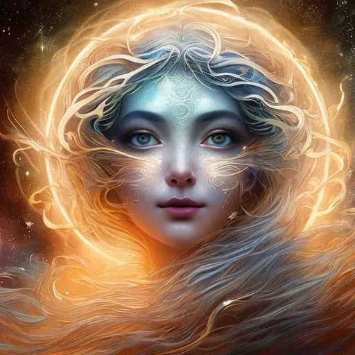 Prompt: Eloira, the Titan/God of Light, Good, and Life, is a being of radiant beauty and enigmatic allure, eldritch nature, in space, full body picture, Her skin shimmers with a awakening white light, and her eyes are like pools of liquid starlight, Her hair a cascade of shimmering silver and gold, flows and undulates as if imbued with a life of its own, each strand pure light. She wears flowing robes of shimmering white and gold, adorned with intricate patterns of celestial bodies. Eloira is a radiant being, her form shifting between a humanoid shape wreathed in lambent flames and a blinding radiance that illuminates the cosmos. Her laughter is like a chorus of wind chimes, and her touch brings forth blooming life from barren ground. However, her eyes hold a cosmic vastness, and those who gaze too long feel a sense of vertigo as they glimpse the endless cycle of creation and destruction she embodies.