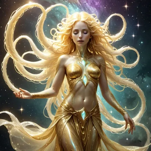 Prompt: Eloira, the God of Light, Good, and Life, is a being of radiant beauty and enigmatic allure, eldritch nature, in space, full body, Her skin shimmers with an iridescent sheen, and her eyes pools of liquid starlight, Her hair a cascade of shimmering silver and gold, flows and undulates as if imbued with a life of its own, each strand a shimmering thread of pure light.