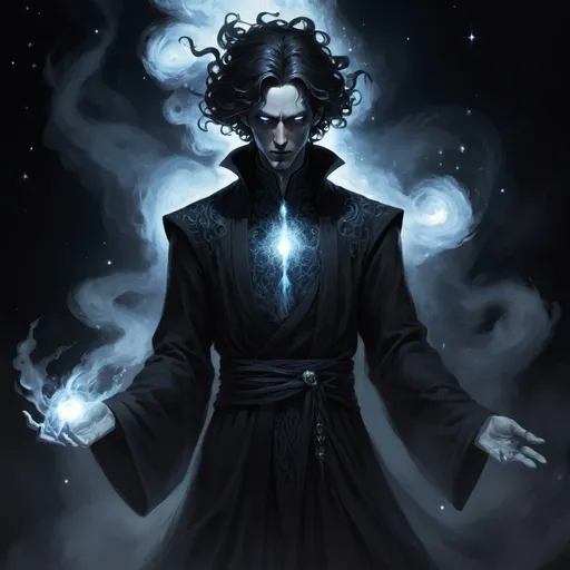 Prompt: a detailed depiction of a man, eldritch, godly, his presence is both awe-inspiring and terrifying. He radiates an aura of cold, otherworldly power, a chilling reminder of the inevitability of death and the darkness that lies at the heart of existence. Yet, there is also a strange allure to his presence, a sense of fascination and morbid curiosity that draws mortals and immortals alike towards him. a figure of imposing stature, his form wreathed in shadows that seem to dance and writhe around him. His skin is pale and unblemished, his features sharp and angular, with eyes that gleam like twin stars in the depths of a moonless night. His hair is a cascade of midnight black, flowing like a river of darkness down his back. He wears robes of deepest black, adorned with intricate patterns of swirling smoke and constellations of dying stars. His attire exudes an aura of power and mystery, hinting at the vast and unknowable depths of his being.