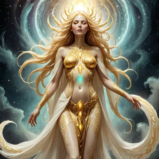 Prompt: Eloira, the Titan/God of Light, Good, and Life, is a being of radiant beauty and enigmatic allure, eldritch nature, in space, full body, Her skin shimmers with an iridescent sheen, and her eyes pools of liquid starlight, Her hair a cascade of shimmering silver and gold, flows and undulates as if imbued with a life of its own, each strand pure light. She wears flowing robes of shimmering white and gold, adorned with intricate patterns of celestial bodies