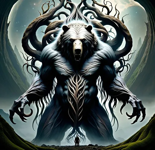 Prompt: a detailed depiction of an eldritch Titan with the face of a grizzly bear named Aion. Aion, the embodiment of Time itself, transcends the linear boundaries that confine lesser beings. His very form is a testament to this, flickering and shimmering as if he exists across countless moments simultaneously. In place of a head, Aion presents an ever-changing tapestry of faces—each a reflection of a significant figure from the observer's past, present, or potential future. These visages, etched with the weight of countless lifetimes, seem to whisper secrets only time could tell, offering glimpses into the intricate possibilities that lie within the threads of fate. His body, as tall as an old tree eldritch inclinations branch out from the top of them, a paradox of age and timelessness, bears the marks of eons in weathered skin and ancient wrinkles, yet it also radiates an otherworldly luminescence, as though illuminated by the birth and death of stars. From his lower half, a mesmerizing tangle of tendrils writhes and coils, their movements defying the laws of physics and space. These appendages, resembling the branches of an ancient tree or the roots of some unfathomable cosmic plant, seem to extend beyond the confines of the present moment, occasionally brushing against the observer and sending ripples of unease through their being.  Though his presence inspires awe, it also evokes a deep sense of unease. The weight of all that was, is, and will be presses down upon those in his proximity, a stark reminder of their own fleeting mortality and the relentless march of time. high resolution, 4k, tree like body, tall, imposing, old, staff, eldritch, time, tendrils and tentacles undulate escaping the bear head