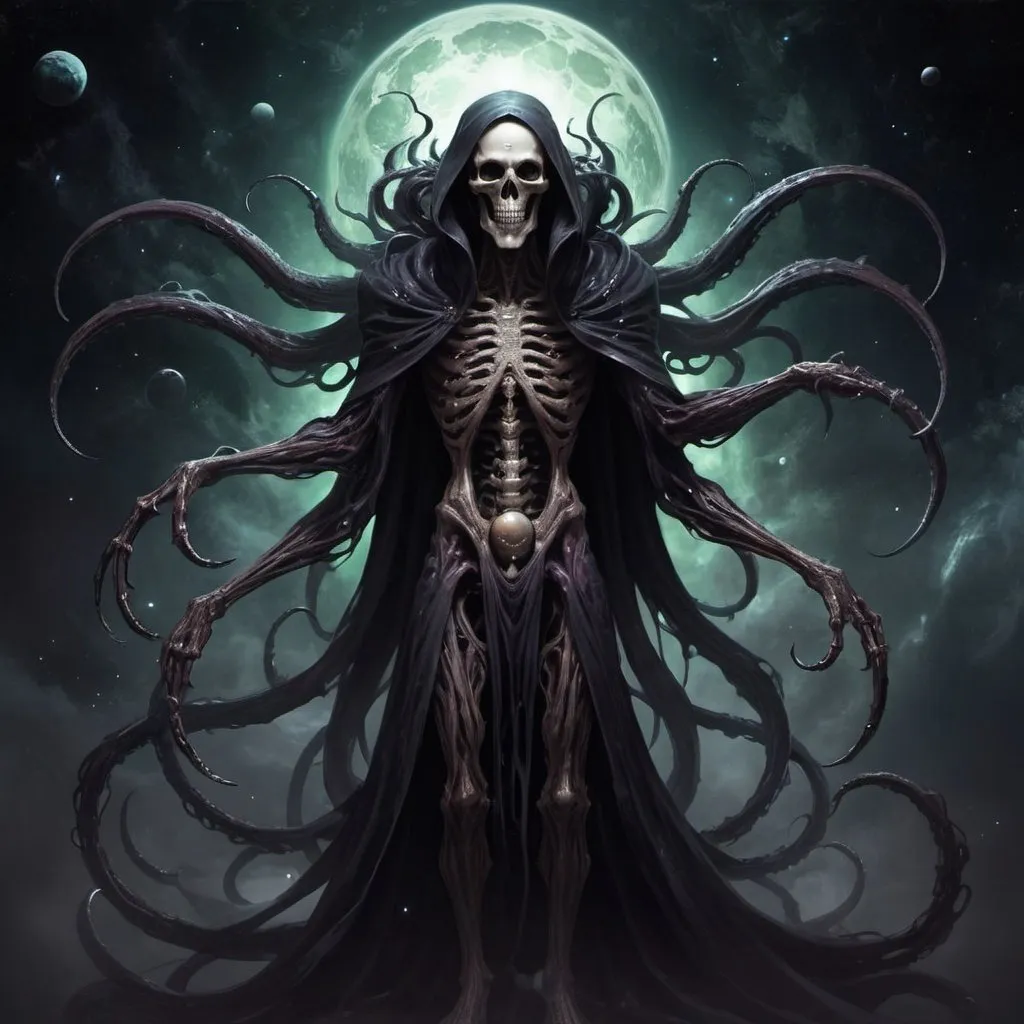 Prompt: eldritch god of evil, death, black holes, darkness, lots tendrils, smile, in space. full body