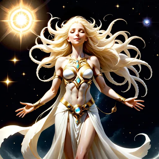 Prompt: Eloira, Titan of Light, Good, and Life: Eloira is a radiant being, her form shifting between a humanoid shape wreathed in eldritch tendrils and a blinding radiance that illuminates the cosmos. Her laughter is like a chorus of wind chimes, and her touch brings forth blooming life from barren ground. However, her eyes hold a cosmic vastness, and those who gaze too long feel a sense of vertigo as they glimpse the endless cycle of creation and destruction she embodies.

Eloira, the Titan of Light, Good, and Life, is a being of radiant beauty and enigmatic allure. Her physical form is a mesmerizing tapestry of celestial light and otherworldly grace, with subtle hints of an eldritch nature that inspires both awe and a touch of unease.

Her skin shimmers with an iridescent sheen, like polished mother-of-pearl, and her eyes, pools of liquid starlight, hold a depth of wisdom and compassion that seems to peer into the very essence of one's soul. Her hair, a cascade of shimmering silver and gold, flows and undulates as if imbued with a life of its own, each strand a shimmering thread of pure light.

Eloira's features are delicate and ethereal, yet there's an underlying strength and resilience that speaks to her role as a guardian of life and goodness. Her smile is warm and inviting, radiating a sense of peace and tranquility that soothes even the most troubled hearts.

Her attire is a flowing gown of celestial silk, woven with intricate patterns of stars and nebulae that shift and change like the night sky itself. The fabric seems to ripple and flow with an otherworldly energy, as if it were not mere cloth but a living extension of her being.
