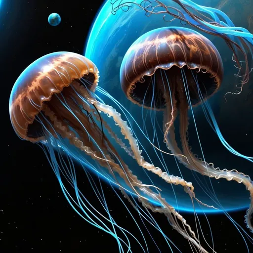 Prompt: 2 planet like jellyfish with reaching thin sky blue long horrific tendrils eating a planet, it will latch onto the side of the planet,  hyper detail, 4k, eldritch, brown earthy planet looking exterior camouflage, as big as a planet in space, Deep Space theme, tendrils