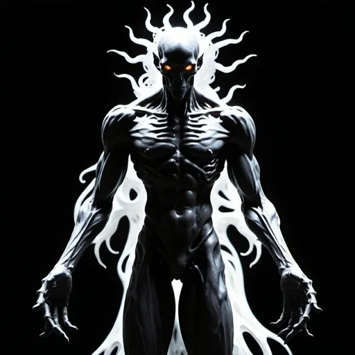 Prompt: a full body detailed description of a eldritch god that often appears as an immense, shifting silhouette against the backdrop of the cosmos, his form a fathomless void that seems to draw in and consume all surrounding light. At times, he coalesces into a vaguely humanoid shape, towering and imposing, yet his features remain shrouded in shadow, save for the countless, burning eyes that pierce the darkness like miniature black holes, consume all light that dares to approach, leaving only an unsettling emptiness in their wake. His physical form is not static but rather a constantly shifting mass of darkness, occasionally resolving into clawed hands, bones,  fanged maws, roaming tendrils, and many long extended multi jointed arms, only to dissolve back into the amorphous void a moment later. 
