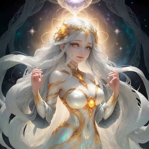 Prompt: Eloira, Titan of Light, Good, and Life: Eloira is a radiant being, her form shifting between a humanoid shape wreathed in eldritch tendrils and a blinding radiance that illuminates the cosmos. Her laughter is like a chorus of wind chimes, and her touch brings forth blooming life from barren ground. However, her eyes hold a cosmic vastness, and those who gaze too long feel a sense of vertigo as they glimpse the endless cycle of creation and destruction she embodies.

Eloira, the Titan of Light, Good, and Life, is a being of radiant beauty and enigmatic allure. Her physical form is a mesmerizing tapestry of celestial light and otherworldly grace, with subtle hints of an eldritch nature that inspires both awe and a touch of unease.

Her skin shimmers with an iridescent sheen, like polished mother-of-pearl, and her eyes, pools of liquid starlight, hold a depth of wisdom and compassion that seems to peer into the very essence of one's soul. Her hair, a cascade of shimmering silver and gold, flows and undulates as if imbued with a life of its own, each strand a shimmering thread of pure light.

Eloira's features are delicate and ethereal, yet there's an underlying strength and resilience that speaks to her role as a guardian of life and goodness. Her smile is warm and inviting, radiating a sense of peace and tranquility that soothes even the most troubled hearts.

Her attire is a flowing gown of celestial silk, woven with intricate patterns of stars and nebulae that shift and change like the night sky itself. The fabric seems to ripple and flow with an otherworldly energy, as if it were not mere cloth but a living extension of her being.
