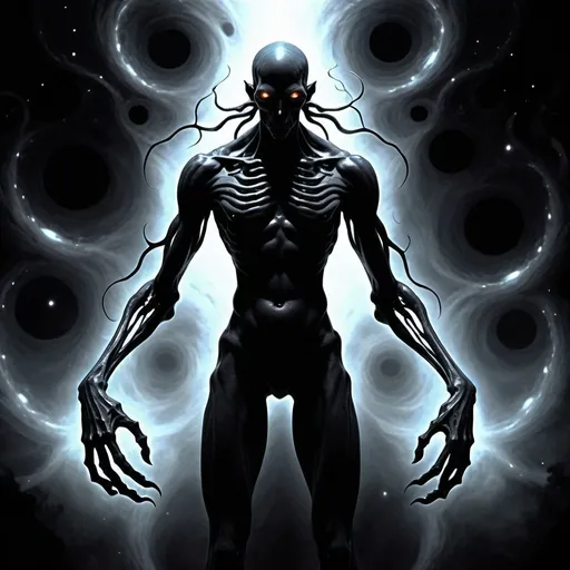 Prompt: a detailed description of a eldritch god that often appears as an immense, shifting silhouette against the backdrop of the cosmos, his form a fathomless void that seems to draw in and consume all surrounding light. At times, he coalesces into a vaguely humanoid shape, towering and imposing, yet his features remain shrouded in shadow, save for the countless, burning eyes that pierce the darkness like miniature black holes, consume all light that dares to approach, leaving only an unsettling emptiness in their wake. His physical form is not static but rather a constantly shifting mass of darkness, occasionally resolving into clawed hands, bones,  fanged maws, roaming tendrils, and many long extended multi jointed arms, only to dissolve back into the amorphous void a moment later. 
