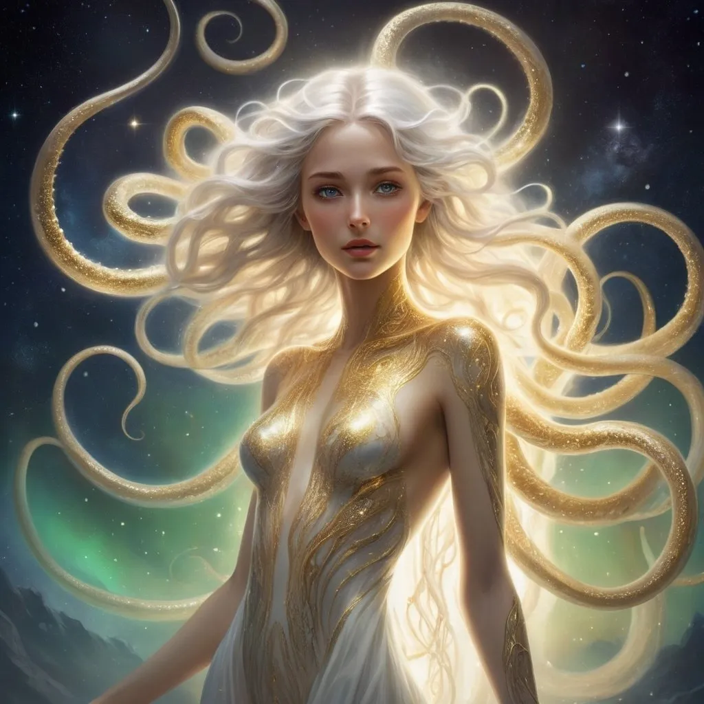 Prompt: a detailed depiction of a woman. Her skin radiating a soft, golden glow. Her form shifting and shimmering like the aurora borealis, yet she is an eldritch being, with tentacles and ever unknowable features, she has beauty and enigmatic allure, in space, full body picture, Her skin shimmers with a awakening white light, and her eyes are like pools of liquid starlight, Her hair a cascade of shimmering silver and gold, flows and undulates as if imbued with a life of its own, each strand pure light. She wears flowing robes of shimmering white and gold, adorned with intricate patterns of celestial bodies. 