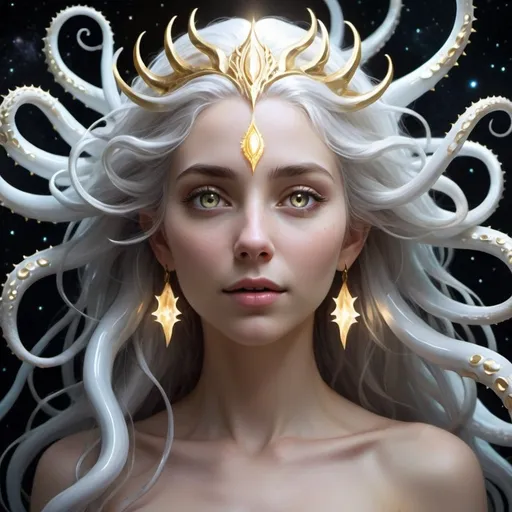 Prompt: Eloira, God of Light, Good, and Life, is a radiant being of enigmatic allure. Her laughter is like a chorus of wind chimes. Her form shifts between a humanoid shape wreathed in eldritch tendrils and a blinding radiance that illuminates the cosmos. Her skin shimmers like mother-of-pearl, and her eyes, bright pools of liquid starlight, hold a depth of wisdom and compassion. Her hair, a cascade of silver and gold, flows and undulates as if imbued with a life of its own. Eloira's features are delicate, yet her strength and resilience speak to her role as a guardian of life and goodness. Subtle hints of her eldritch nature manifest in the gentle glow of her skin, the otherworldly flash in her eyes, and the way her form shimmers and blurs, tons of tendrils and tentacles. Despite her unknowable power, Eloira's presence is overwhelmingly positive and reassuring. She is a beacon of hope and goodness in a universe often marked by darkness and despair, her radiant beauty a testament to the enduring power of life and light. full body, in space, big spiky mouth