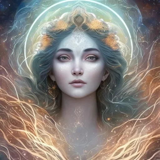 Prompt: Eloira, the Titan/God of Light, Good, and Life, is a being of radiant beauty and enigmatic allure, eldritch nature, in space, full body, Her skin shimmers with a awakening white light, and her eyes are like pools of liquid starlight, Her hair a cascade of shimmering silver and gold, flows and undulates as if imbued with a life of its own, each strand pure light. She wears flowing robes of shimmering white and gold, adorned with intricate patterns of celestial bodies. Eloira is a radiant being, her form shifting between a humanoid shape wreathed in lambent flames and a blinding radiance that illuminates the cosmos. Her laughter is like a chorus of wind chimes, and her touch brings forth blooming life from barren ground. However, her eyes hold a cosmic vastness, and those who gaze too long feel a sense of vertigo as they glimpse the endless cycle of creation and destruction she embodies.