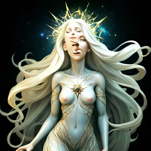 Prompt: a detailed depiction of a woman. She is an eldritch god with many tendrils but also a radiant being, her form shifting between a humanoid shape wreathed in eldritch tendrils and a blinding radiance that illuminates the cosmos. However, her eyes hold a cosmic vastness, and those who gaze too long feel a sense of vertigo as they glimpse the endless cycle of creation and destruction she embodies.

Eloira, the Titan of Light, Good, and Life, is a being of radiant beauty and enigmatic allure. Her physical form is a mesmerizing tapestry of celestial light and otherworldly grace, with subtle hints of an eldritch nature that inspires both awe and a touch of unease.

Her skin shimmers with an iridescent sheen, like polished mother-of-pearl, and her eyes, pools of liquid starlight, hold a depth of wisdom and compassion that seems to peer into the very essence of one's soul. Her hair, a cascade of shimmering silver and gold, flows and undulates as if imbued with a life of its own, each strand a shimmering thread of pure light.

Eloira's features are delicate and ethereal, yet there's an underlying strength and resilience that speaks to her role as a guardian of life and goodness. Her smile is warm and inviting, radiating a sense of peace and tranquility that soothes even the most troubled hearts.

Her attire is a flowing gown of celestial silk, woven with intricate patterns of stars and nebulae that shift and change like the night sky itself. The fabric seems to ripple and flow with an otherworldly energy, as if it were not mere cloth but a living extension of her being.
