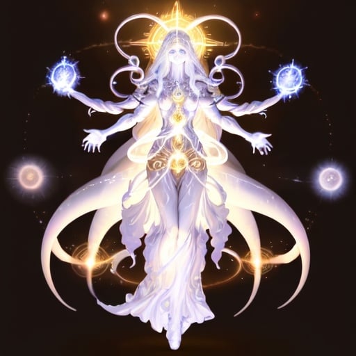 Prompt: white eldritch female god of hope, goodness, and light radiating holy light in space. should have multiple arms, a smile, tendrils covering her. full body picture