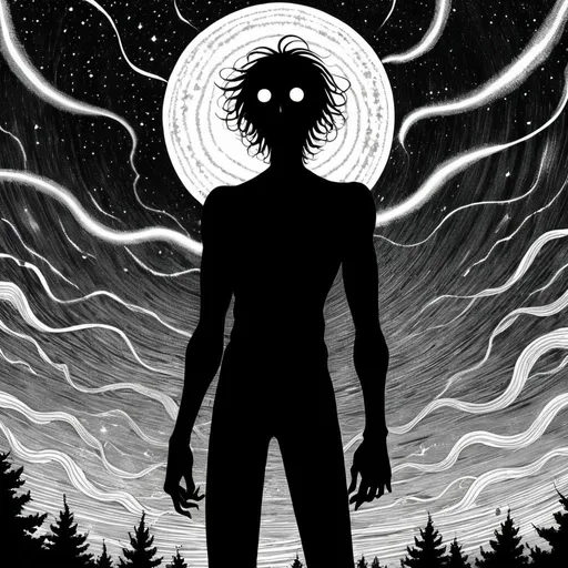 Prompt: Junji Ito manga style, an eldritch titan. Keiran appears as a silhouette against a backdrop of swirling stars, his form composed of the deepest shadows, occasionally revealing glimpses of a humanoid figure within. His eyes gleam with an unholy light, like distant stars in a void, and his presence exudes an oppressive, chilling aura.